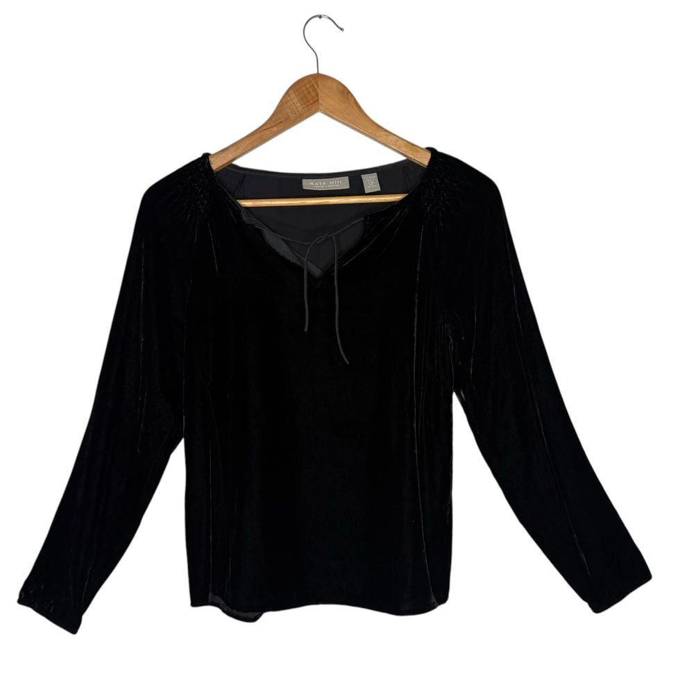 Kate Hill Black Velvet Long Sleeve Top  Minimalist Tie Neck Size 2‎ P Silk Blend